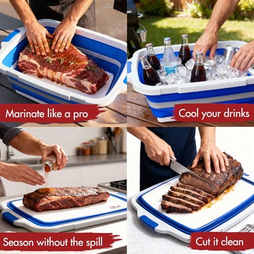 KITCHEN PERFECTION Collapsible XL Smoker & BBQ Prep Tub with Locking Lid & Cutting Board - Grill Caddy Container for Meat Marinating & Brine Perfect For Brisket, Turkey & Ribs - Best Gift For Men - color: Classic Blue