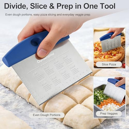 Ourokhome 2 Pack Bench Scraper Dough Cutter, Stainless Steel Dough Scraper with Laser-Etched Scale, Conversion Chart, Non-Slip Handle, Dishwasher Safe for Bread & Pastry, Blue - color: Blue