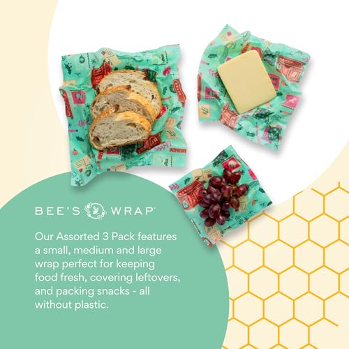 Bee's Wrap Beeswax Wraps for Food - 3 Pack of Assorted Beeswax Wraps - Small, Medium & Large Wrap - Plastic Free Made in USA Reusable Natural Food Wrap - Season's Greetings Print - style: 3 Pack (Season's Greetings)