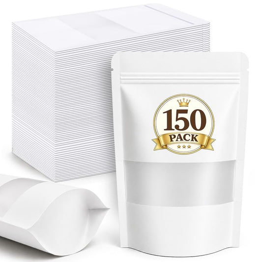 JETMORE 150 Pack Treat Bags, Smell Proof Bag with Window, Resealable Bags for Small Business, Reusable Snack Bags for Coffee, Tea, Herbs, Spice, Candy, Favor and Food Storage (White, 4.7x7.9in) - color: White, size: 150 Pack 4.7x7.9in (12x20cm)