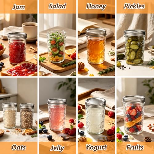 24 Pack 8oz Mason Jars with Airtight Lids, Diamond Pattern | Glass Canning Jars for Overnight Oats, Food Storage, Dry Food, Snacks Meal Prep, Pickling, Fermenting, Smoothies, Salad - color: Diamond-8oz-24