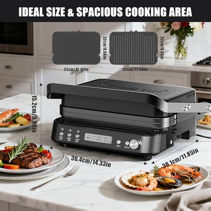 CATTLEMAN Panini Grill Press Sandwich Maker with Removable Plates, 1600W, 5 in 1 Smokeless Indoor Grill & Griddle with Meat Thermometer, PFAS Free Ceramic Nonstick Reversible Plates, Opens Flat - color: Black with Reversible Plates