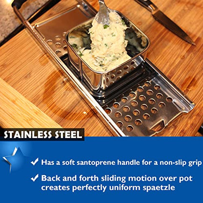 Premium Grade Stainless Steel Spaetzle Maker with Comfort Grip Handle, Stainless Steel Spider Strainer Skimmer Spoon with Cleaning Brush, Homemade German Egg Noodle Dumpling Making Tool Set