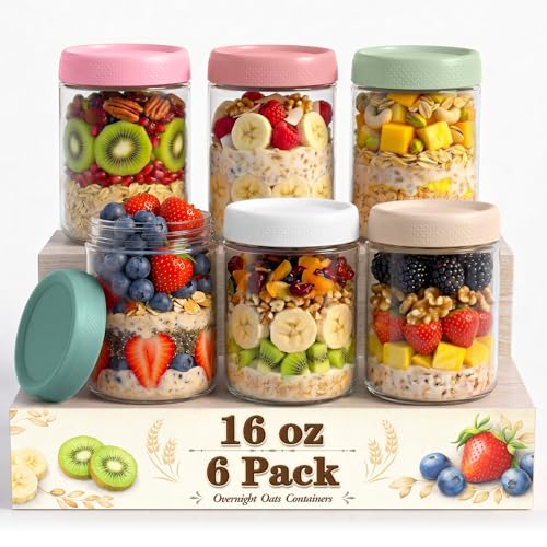 6 Pack Overnight Oats Containers with Lids, 16oz Wide Mouth Mason Jars, Glass Food Containers with Airtight Lids for Storage, Yogurt Bowls, Overnight Oats Jars for Meal Prep, Chia Pudding - color: Garden Blush