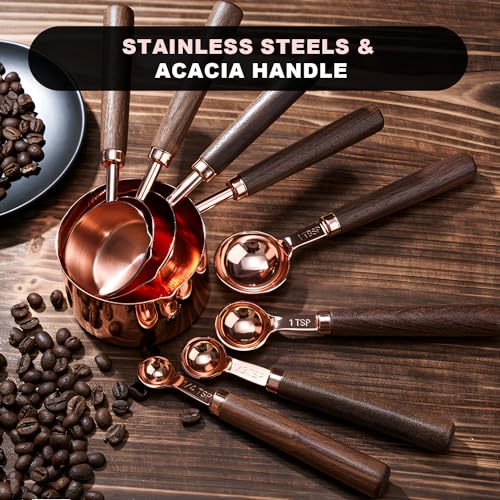SHIKORI Gold Measuring Cups and Spoons Set with Wood Handles, Premium Stainless Steel Measuring Spoons and Measuring Cups Set, For Cooking and Baking in the Kitchen-Rose Gold-4Cups - color: Rose Gold-4Cups