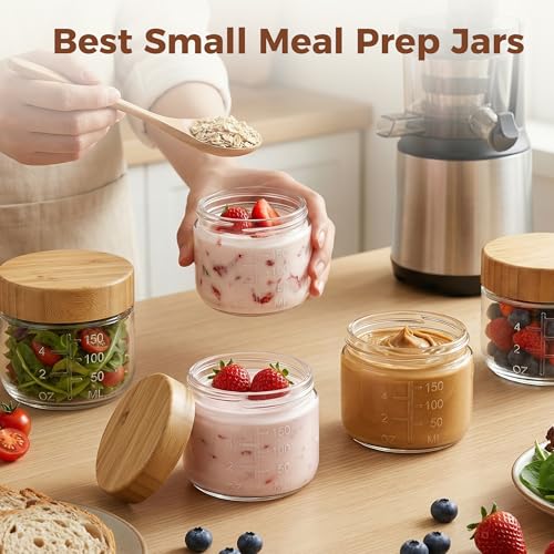 6oz Glass Jars with Airtight Lids - 4 Pack Overnight Oats Containers with Bamboo Lids, Small Food Containers with Measurement for Yogurt, Salad, Chia, Wide Mouth Mason Jar with Lid for Food Storage - color: 6oz - 4 Pack