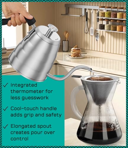 Coffee Gator Gooseneck Kettle with Thermometer - 40oz Premium Stainless Steel Pour Over Coffee Maker Kettles, Stove Top, w/Precision Drip Spout, for Drip Coffee, French Press, Tea Kettle, 5 Cup, 1.2L - size: 40 fl oz