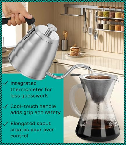 Coffee Gator Gooseneck Kettle with Thermometer - 40oz Premium Stainless Steel Pour Over Coffee Maker Kettles, Stove Top, w/Precision Drip Spout, for Drip Coffee, French Press, Tea Kettle, 5 Cup, 1.2L - size: 40 fl oz