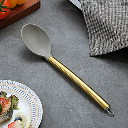 Berglander Non-stick Silicone Solid Serving Spoon, Titanium Gold Plating handle, Basting Spoon, Dishwasher Safe, Easy to Clean - style: c. Solid Spoon