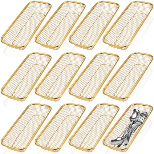 Golden 12 Pack Silverware Basket Stainless Steel Drawer Organizer Utensil Basket 12.1 x 4.9 x 2.2 Inch Kitchen Flatware Stackable Dishwasher Organizer for Knife Fork Spoon Chopstick - color: Golden