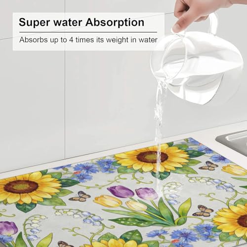 Kitchen Drying Mat for Countertop Sunflower Tulip Floral Garden Pattern Non-Slip Kitchen Counter Mat for Dishes Glassware - color: Yellow Purple