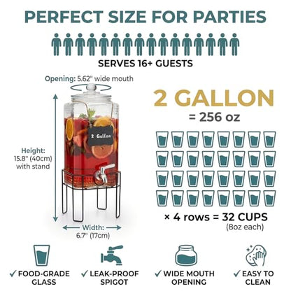2 Gallon Glass Drink Dispenser, Drink Dispensers for Parties, Beverage Dispenser with Stand and Glass Lid, 100% Leakproof Spigot, Ideal for Lemonade, Juice, Laundry Detergent Dispenser - size: 2 Gallon