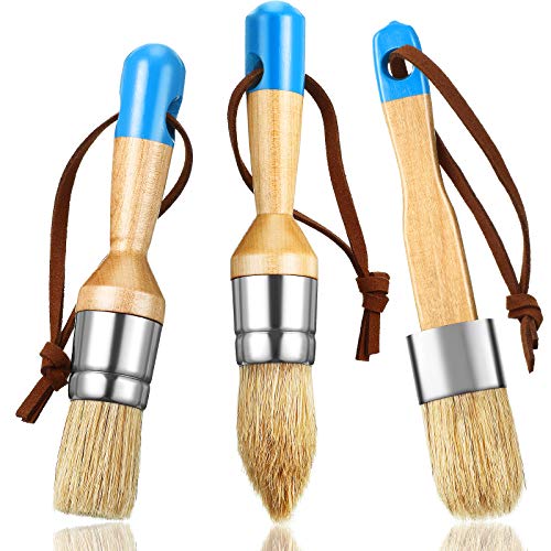 Boao 3 Pieces Chalk and Wax Paint Brushes Bristle Stencil Brushes for Wood Furniture Home Decor, Including Flat, Pointed and Round Chalked Paint (Blue)