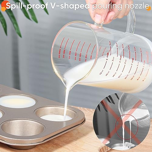 4 Cup Glass Measuring Cup with Handle, 77L High Borosilicate Glass Measuring Cup with V-Shaped and Three Scales (Cup, OZ, ML), Glass Liquid Beaker with Silicone Base, Double-Sided Measure Scales - size: 4 Cup, 1000ML