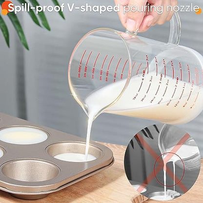 4 Cup Glass Measuring Cup with Handle, 77L High Borosilicate Glass Measuring Cup with V-Shaped and Three Scales (Cup, OZ, ML), Glass Liquid Beaker with Silicone Base, Double-Sided Measure Scales - size: 4 Cup, 1000ML