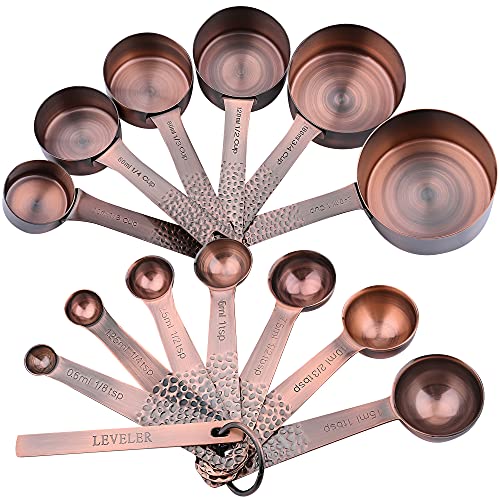 Copper Measuring Cups and Spoons Set, Stainless Steel Copper Plated 6 Metric & US Measuring Cups & 7 Spoons with Leveler for Baking & Kitchen - color: A: Copper-cups+spoons