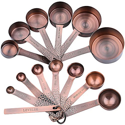 Copper Measuring Cups and Spoons Set, Stainless Steel Copper Plated 6 Metric & US Measuring Cups & 7 Spoons with Leveler for Baking & Kitchen - color: A: Copper-cups+spoons