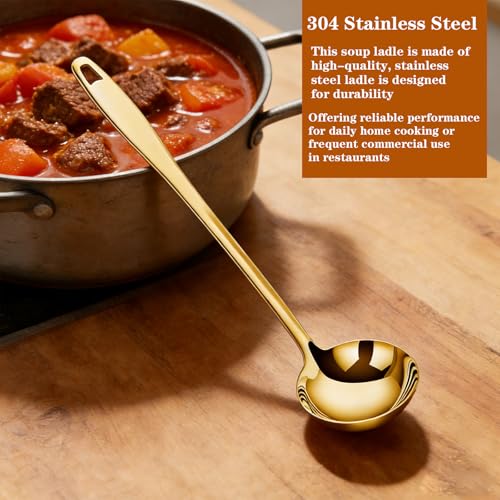 304 Stainless Steel Metal Ladle, Gold Soup Ladle Large Serving Spoon with 11.6" Handle for Cooking Stirring, Dishwasher Safe