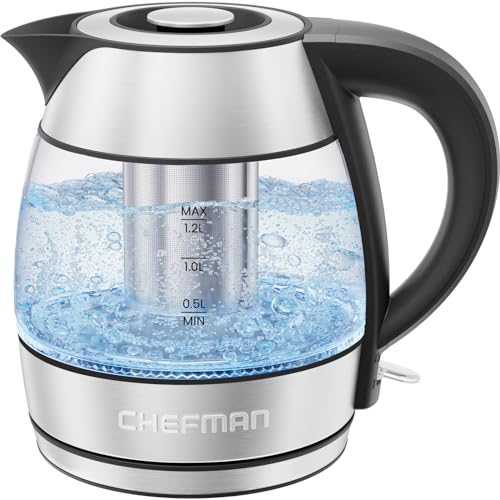 CHEFMAN Electric Kettle - 1.2L 1500W Hot Water Tea Pot with Infuser, BPA Free, Auto Shut Off, Boil-Dry Protection, Removable Lid, LED Light, Cordless Glass Electric Tea Kettle – Stainless Steel - size: 1.2 Liter