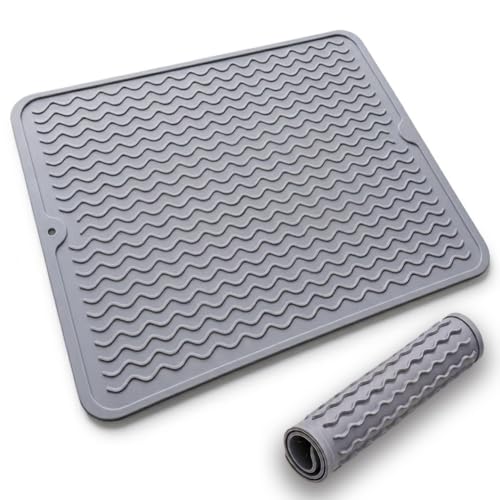 Silicone Dish Drying Mat for Kitchen Counter, Heat Resistant Dish Drainer, Easy to Clean Eco-Friendly Sink Liner, Non-Slip Drawer & Countertop Liner (16 x 12, Gray)