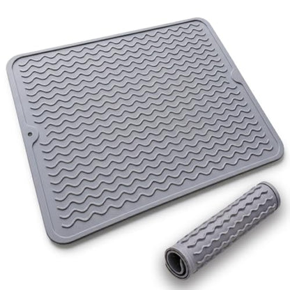 Silicone Dish Drying Mat for Kitchen Counter, Heat Resistant Dish Drainer, Easy to Clean Eco-Friendly Sink Liner, Non-Slip Drawer & Countertop Liner (16 x 12, Gray)