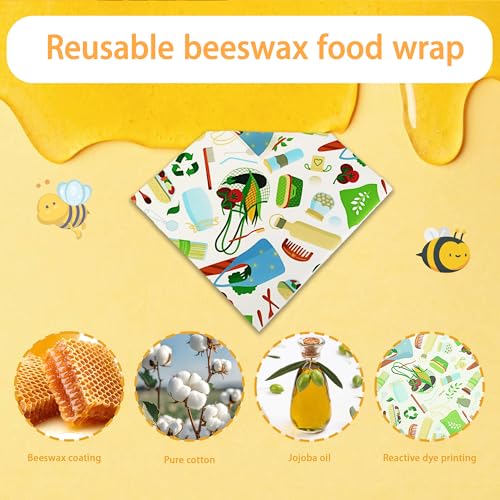 Beeswax Wraps for Food,3 Pack (S,M,L) Beeswax Wrap,Bees Wax Wraps Reusable,Plastic-Free Food Storage,Biodegradable,Alternative to Plastic Wrap for Sandwich Bread Cheese(Green Living Pattern)