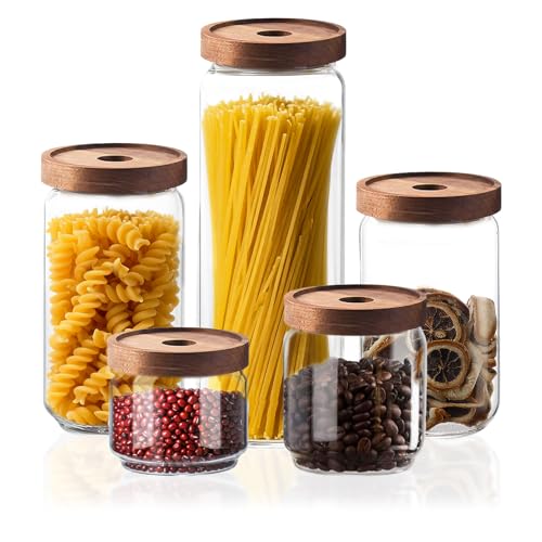 Glass Jars with Airtight Wood Lids - Small Large Kitchen Pantry Storage Containers, Canisters for Spaghetti, Noodles, Pasta, Ground Coffee, Sugar, Cereal, Spice, Salt, Salad, Matcha, Set of 5 - color: Mixed Sizes (Set of 5)