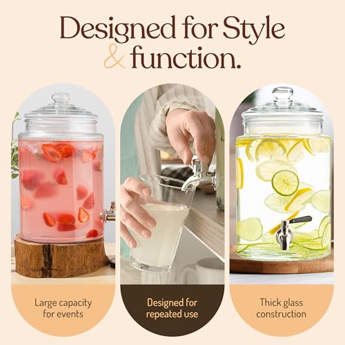 Large Glass Drink Dispenser with Spout – 1.5 Gallon Tall Mason Jar Style Beverage Server with Airtight Lid & Metal Spigot for Water, Tea, Juice, Punch, or Cocktails - size: 1.5 Gallon