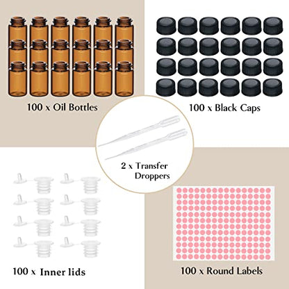 TUZAZO 100Packs Essential Oil Sample Bottles 2Ml Drams Amber Glass Vials with Caps, Orifice Reducers, Labels and Transfer Droppers, Mini Anointing Oil Bottles 0.068OZ