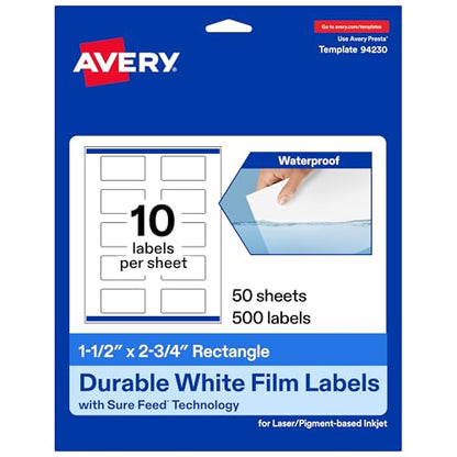 Avery Printable Durable White Rectangle Labels, Sure Feed Technology, 1.5" x 2.75", Print-to-the-Edge, Waterproof Labels, Laser & Pigment-Based Inkjet Compatible, 500 Total - style: 500 labels