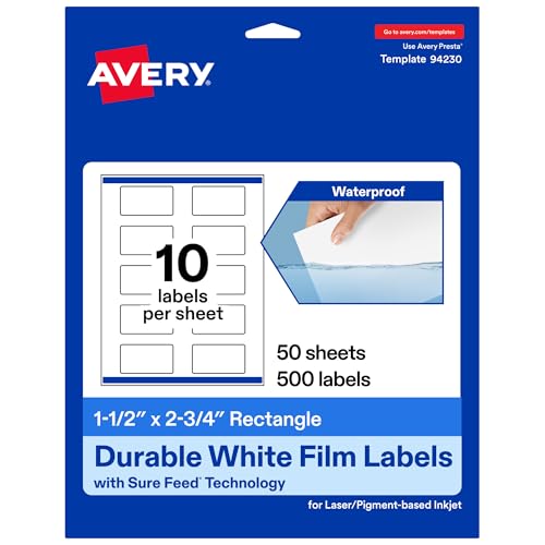 Avery Printable Durable White Rectangle Labels, Sure Feed Technology, 1.5" x 2.75", Print-to-the-Edge, Waterproof Labels, Laser & Pigment-Based Inkjet Compatible, 500 Total - style: 500 labels