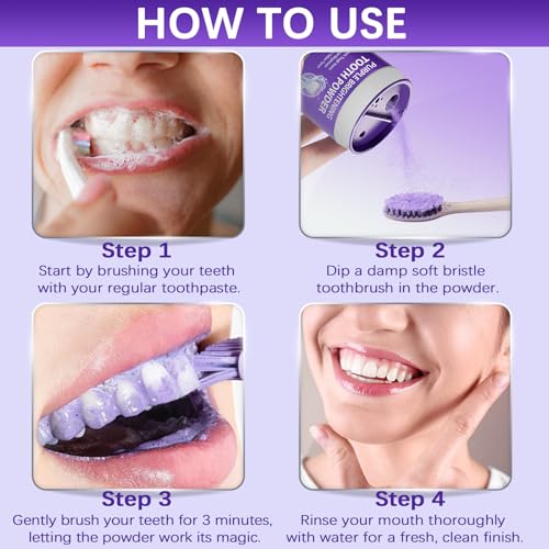 3Pcs Purple Teeth Whitening Powder - Purple Brightening Powder - Removes Stains, No Sensitivity - Toothpaste Power - for Coffee, Tea and Food Stains - Fresh Mint Flavor, Breath Freshener - size: 1.23 Ounce (Pack of 3)