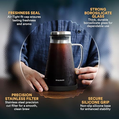 OVALWARE Airtight Cold Brew Iced Coffee Maker Pitcher and Tea Infuser with Spout - 1.0L / 34oz Ovalware RJ3 Brewing Glass Carafe with Removable Stainless Steel Filter - size: 34 Ounces