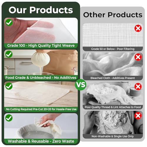 6Pcs Grade100 Cheese Cloths,20x20 Inch,100% Unbleached Cotton,Pre-Cut Reusable Muslin Cheese Cloth for Cooking and Straining, Hemmed Edges