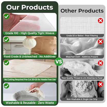 6Pcs Grade100 Cheese Cloths,20x20 Inch,100% Unbleached Cotton,Pre-Cut Reusable Muslin Cheese Cloth for Cooking and Straining, Hemmed Edges