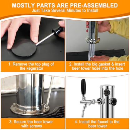 3 Tap Beer Tower Adjustable Flow Control Beer Faucet Three Tap Beer Tower Stainless 3” Triple Tap Beer Tower Dispenser Kegerator Tower Kit with Pre-Assembled Tubing and Self-Closing Springs