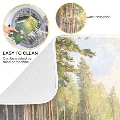 Pine Tree Field Dish Drying Mat for Kitchen Counter Super Absorbent Draining Mat with Non-slip Backed Sink Tray Mat for Dish Bottles Cups Bowl Countertops Sinks Draining Racks