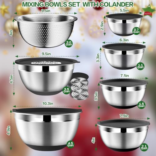 DUTZUN Mixing Bowls with Lids Set - 16pcs Stainless Steel Mixing Bowl Set with Colander, 3 Grater Attachments, Non-Slip Bottom, Metal Nesting Bowls with Strainer for Mixing & Serving - Black - style: 16PCS Black W Nonslip Silicone