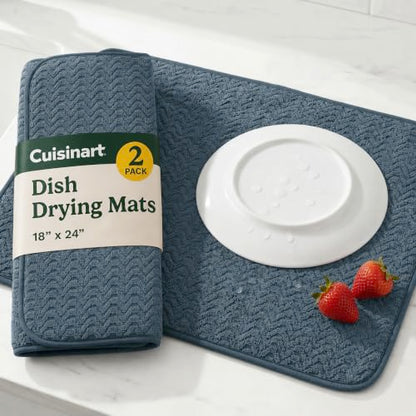 Cuisinart Dish Drying Mat for Kitchen Counter - 2-Pack XL 18x24 Ultra Absorbent Microfiber Dish Mat - Fast Drying, Machine Washable, Foldable Countertop Pad - Safe for Granite & Quartz - color: Geostripe Blue