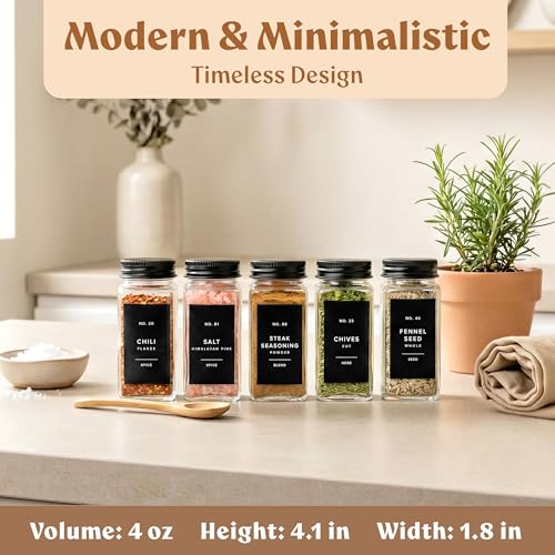 EDELHAUS Glass Spice Jars with Label and Black Aluminium Lids (24 x 4oz) Spice Containers with 240 Labels, Shaker Inserts, Steel Funnel, Empty Square Seasoning Organizer (Black Aluminium Lid) - color: Black Aluminum Lid