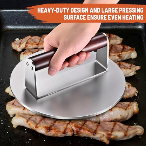 Heavy-Duty 6-Inch Smash Burger Press, 1.5 lb Stainless Steel Grill Press with Wood Handle, Non-Stick Burger Smasher for Hamburger, Bacon & BBQ - color: 6 inches - Silver