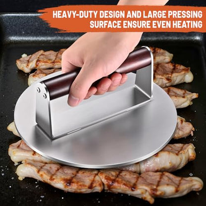 Heavy-Duty 6-Inch Smash Burger Press, 1.5 lb Stainless Steel Grill Press with Wood Handle, Non-Stick Burger Smasher for Hamburger, Bacon & BBQ - color: 6 inches - Silver