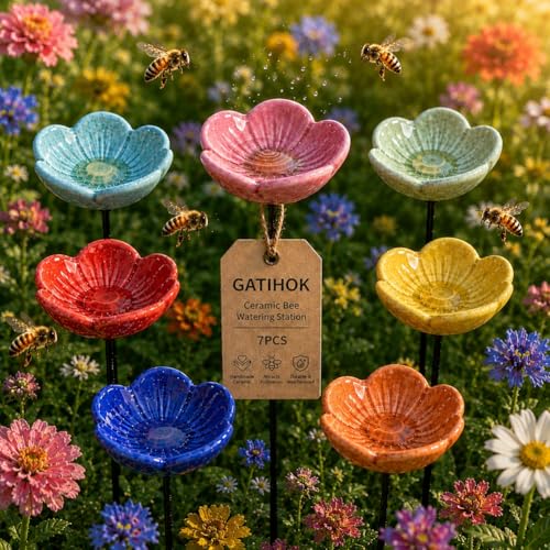 Bee Watering Station for Garden Cups Bird Butterfly Bees Ceramic Drinking and Water Bath Feeder Cup Blossoms Flowers Shaped Design Poppies Bowl Wildlife Feeding 5PCS Watring Pollinator - color: #7PCS