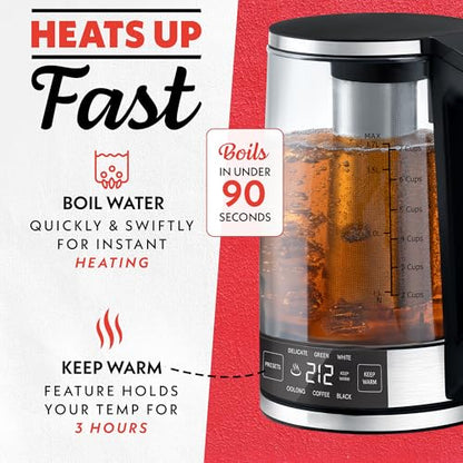 Gourmia Programmable Digital Glass Kettle – 1.7L Adjustable Temperature Electric Kettle with 6 Presets, Keep Warm, Stainless Steel Tea Infuser, 360° Swivel Base, Black