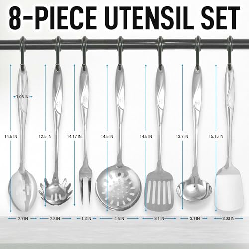 Zulay Kitchen Stainless Steel Cooking Utensil - Stainless Steel Kitchen Utensil - Durable Kitchen Gadgets - Metal Kitchen Accessories - Easy to Clean Kitchen Tools - 8 Piece Set - size: 8 Piece Set