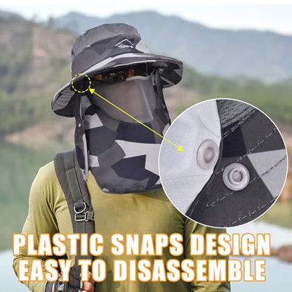 Sun Hats for Men Women Fishing Hat UPF 50+ Breathable Wide Brim Summer UV Protection Hat - color: Camo Dark Grey(with Face Cover & Neck Flap )