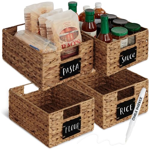 Best Choice Products 22.9 x 30.5cm(9 x 12인치) 워터 히아신스 식료품 저장실 바구니 4개 세트, 칠판 라벨이 있는 우븐 오거나이저, 분필 마커 - 체스트넛 - color: 밤나무., size: 9x12x5in