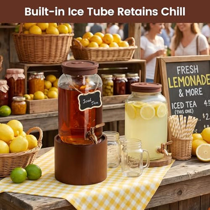1 Gallon Glass Drink Dispenser for Parties, Beverage Dispenser with Wooden Stand, Silicone Lid and Stainless Steel Spigot, Ideal for Lemonade, Juice, Sun Tea, and Party Drinks