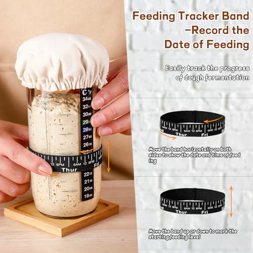 DWTS DANWEITESI Sourdough Starter Jar with Date Marked Feeding Band, Thermometer, Sourdough Fermentation Jar Scraper, Sewn Cloth Cover & Aluminum Lid, Sourdough Starter Kit Reusable(2pcs/24oz) - size: 24oz-2pcs