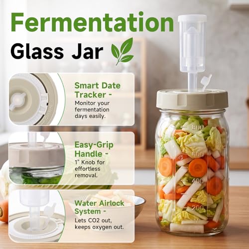4 Sets Fermentation Kit for Mason Jar Includes Silicone Lids, 32 oz Wide Mouth Jars with Date Tracker, Glass Weights with Handle, Airlocks for Sauerkraut Kimchi Pickles Vegetable